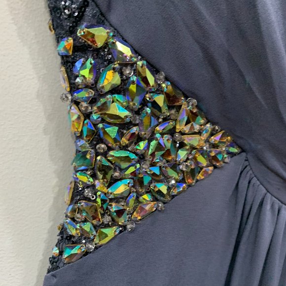 La Femme One Shoulder Asymmetrical Floor Length Dress with Open Back and Gems - Picture 6 of 10